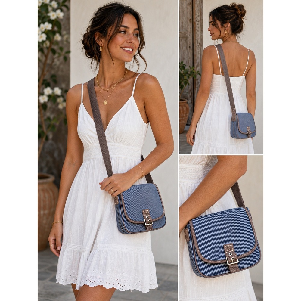 Thirty-One Pinstripe Crossbody Saddle Bag Navy White Canvas Messenger Purse